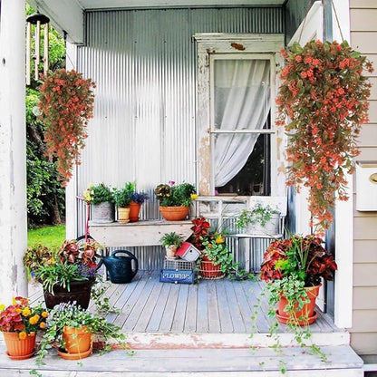 RECUTMS 2Pcs Fake Fall Plastic Outdoor Flowers Artificial Fall Hanging Plants Faux Greenery Vine Plant for Indoor Room Front Door Garden Porch Patio Wedding Party Decorations (Autumn Red)