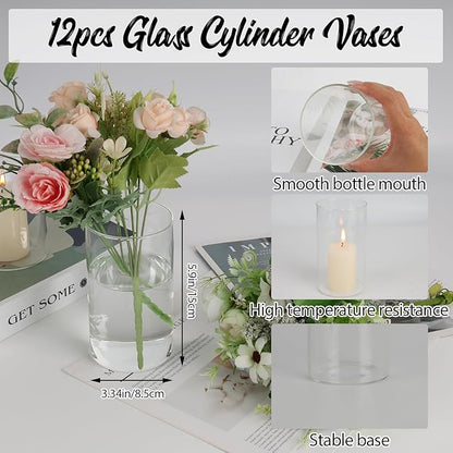 12pcs Glass Cylinder Vases for Centerpieces, Floating Glass Candle Holder for Dinner Table 6 Inch Tall Clear Flower Vases for Wedding Decoration, Birthday Party, Home, Holiday