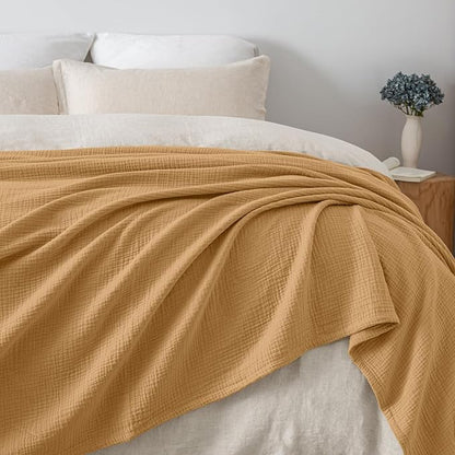PHF 100% Cotton Muslin Blanket Twin XL Size 66"x90", 4-Layer Lightweight Gauze Throw, Breathable Cloud-Soft Minimalist Blanket for Bed, Couch, Camping & Baby, Amber, Ideal Gift