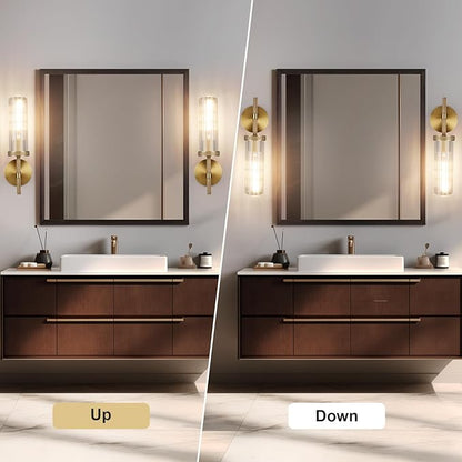 15" Knurled Brass Wall Sconces Set of 2, Gold Bathroom Vanity Light Fixtures with Vertical Striped Glass Tube, Modern Lamp Lighting for Bedroom, Living Room, Hallway, Staircase, Mirror, Kitchen
