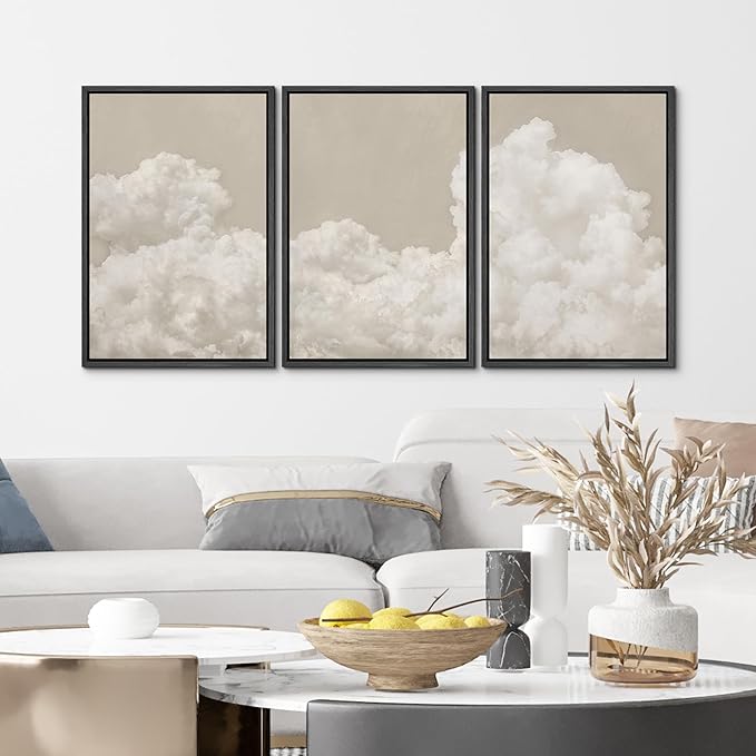 MUDECOR Framed Wall Art Print Set Serene Sky Filled with Fluffy Clouds Illustrations Modern Art Decorative Colorful Chic for Living Room, Bedroom, Office - 24"x36"x3 Black