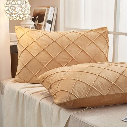 JAUXIO Diamond Pinch Pleated Crystal Velvet Pillowcases 2 Pack Solid Pintuck Throw Cushion Cover for Home Decor Hidden Zipper Closure (Camel, King)
