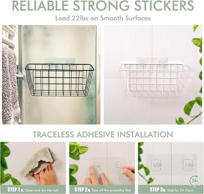 Wire Hanging Wall Basket, 4 White Baskets Set Adhesive Wall Mount Organizer for Pantry Kitchen RV Bathroom Cabinet Storage Organization