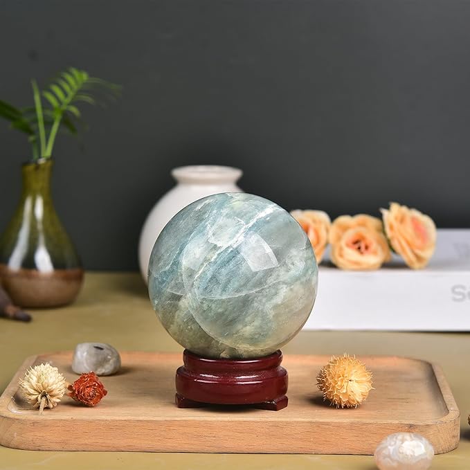 JIC Gem Natural Trolleite Crystal Ball Sphere Blue Healing Crystal Gemstone Ball with Display Stand Home Decor Meditation Grid Energy Balance (50-60mm)