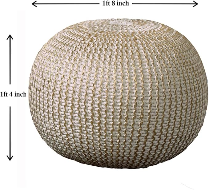 LR Home Gold/Beige Cableknit All-Natural Cotton Round Ottoman for Home Décor | Hand-Made Farmhouse Foot Rest for Bedroom & Living Room | 20 x 20 x 16 Stuffed Pouf for Seating