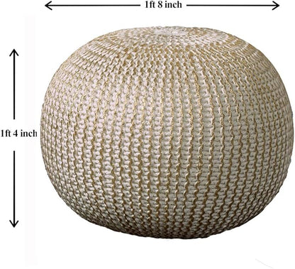 LR Home Gold/Beige Cableknit All-Natural Cotton Round Ottoman for Home Décor | Hand-Made Farmhouse Foot Rest for Bedroom & Living Room | 20 x 20 x 16 Stuffed Pouf for Seating
