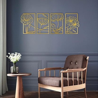 ESTART 4 Pieces Metal Lotus Wall Decor Abstract Floral Aesthetic Splicing Line Art Minimalist Wall Decor for Bedroom Flowers Hanging Wall Sculpture for Living Room Kitchen Office and Yoga Room (Gold)