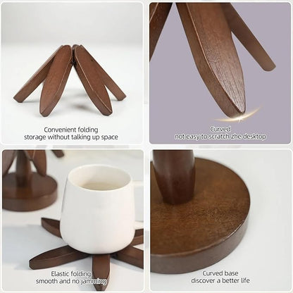Wooden Trivets for Hot Dishes - Trivet Tree, Tree Coasters, Decorative Shape Set, 4 Coasters + 1 Stand, Walnut Foldable Hot Plate Holder for Pots, Pans, Bowls, Teapots