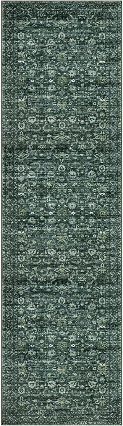 Vintage Floral 2x7 Runner Rug, Dark Green Washable Kitchen Runner Rug Non-Slip Hallway Rug Runner Boho Super Soft Thin Printed Faux Wool Carpet for Entryway Bedroom Laundry Room Indoor