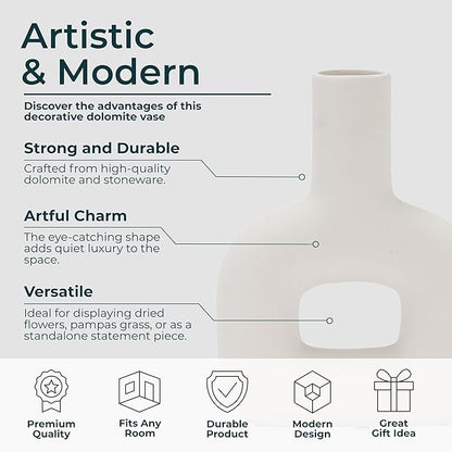Sagebrook Home Modern Stoneware Vase - Decorative Dolomite Flower Holder - Minimalist Home & Office Accent - Stylish Tabletop Centerpiece for Living Room, Bedroom & Desk Decor - 8" White