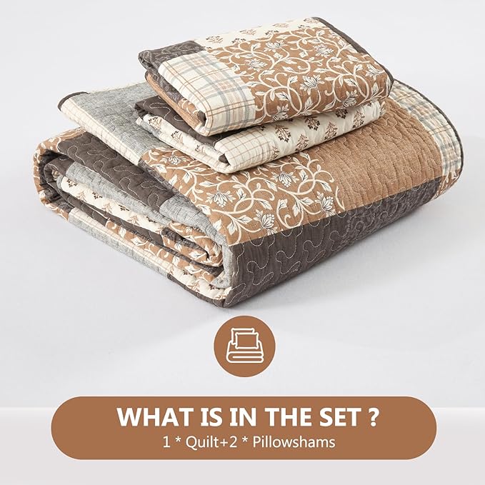 100% Cotton Quilt Set King Size - Plaid Quilted Comforter, Patchwork Reversible King Quilt Bedspread, Modern Farmhouse Lightweight Bedding for King Bed, 3pcs, Beige/Brown/Gray