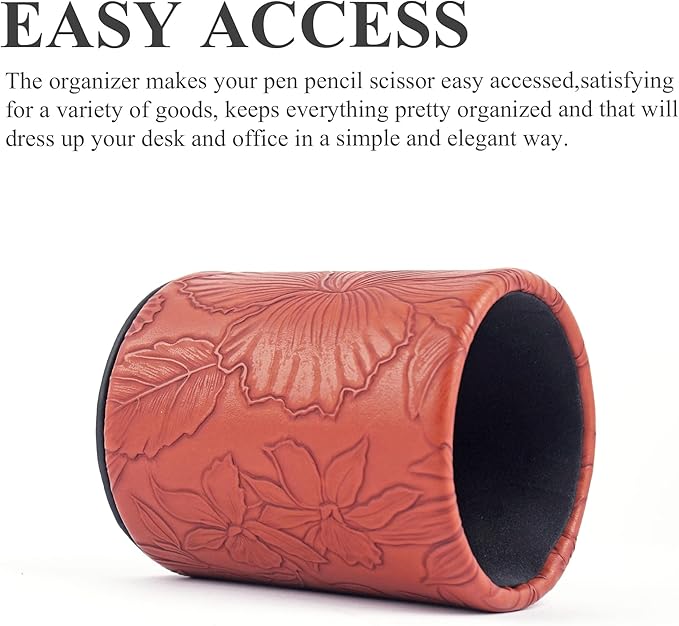 PU Leather Pen Holder Round Flash Makeup Brush Holder Desktop Pencil Storage Holder Gift for Desk Office Classroom Home(1-Carved Brown)