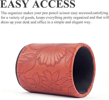 PU Leather Pen Holder Round Flash Makeup Brush Holder Desktop Pencil Storage Holder Gift for Desk Office Classroom Home(1-Carved Brown)