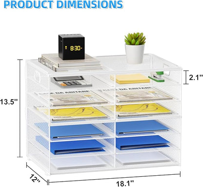 Lavatino 12 Compartments Paper Organizer for Desk, Mesh Literature Organizer, Mail File Sorter Tray with Handle, Desktop Mailbox for Office Classroom Home - White