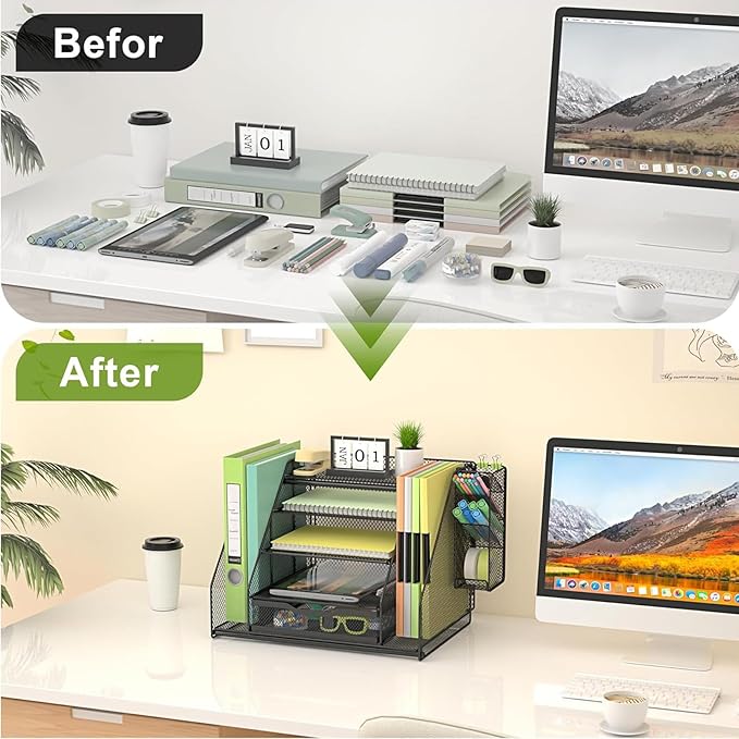 Desk Organizer, 5 Tier File Organizer for Desk with Sliding Drawer and Pen Holder, Mesh Desktop Organization with Magazine Holder for Office Supplies