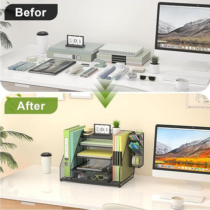 Desk Organizer, 5 Tier File Organizer for Desk with Sliding Drawer and Pen Holder, Mesh Desktop Organization with Magazine Holder for Office Supplies