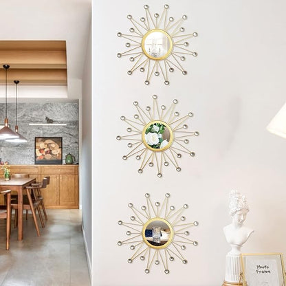 Uaussi 3 Pack Crystal Sunburst Wall Mirror Décor Rhinestone Mirrors Decorative Home Wall Art for Living Room Bedroom Entryway (Triangle Burst Gold)