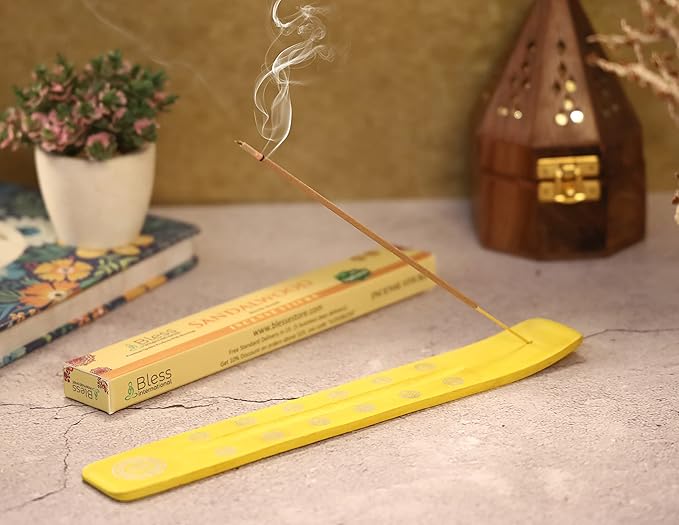 Bless-International Traditional-Handmade-Burner Wooden-Incense-Stick-Holder Ash-Catcher-Stand for-Aromatherapy-Meditation-Yoga (Positivity Yellow) 10 Inches, Pack of 1