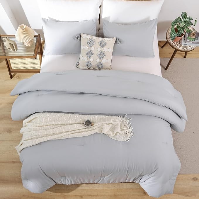 ROSGONIA Comforter Full Size for Girls Boys Teens Light Grey, 3pcs(1 Boho Grey Comforter & 2 Pillowcases) Lightweight Soft Dorm Bedding for All Season