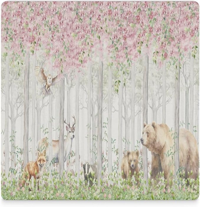 Square-4PCS Forest Drink Coasters, Square Modern Ceramic Absorbent Coasters, Cartoon Nature Forest Flower Animal Bear, Deer, Fox, Rabbit Decor Desk Coffee Table Coaster for Beverage Cup Tea Coasters