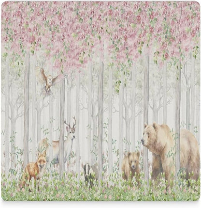 Square-4PCS Forest Drink Coasters, Square Modern Ceramic Absorbent Coasters, Cartoon Nature Forest Flower Animal Bear, Deer, Fox, Rabbit Decor Desk Coffee Table Coaster for Beverage Cup Tea Coasters