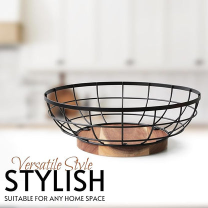 Fruit Basket,black Wire Basket with Acacia Wood Base,large Fruit Bowl for Countertop,black Baskets for Fruits, Breads, Vegetables Storage. (12-inch)