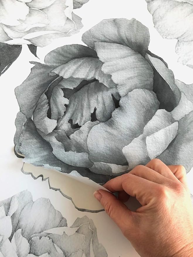 Peony Watercolor Wall Decals (Black and White Watercolor) - Flowers Decals for Wall - Botanical Bedroom Decor - Floral Peonies Grey Wall Stickers with Test Sample