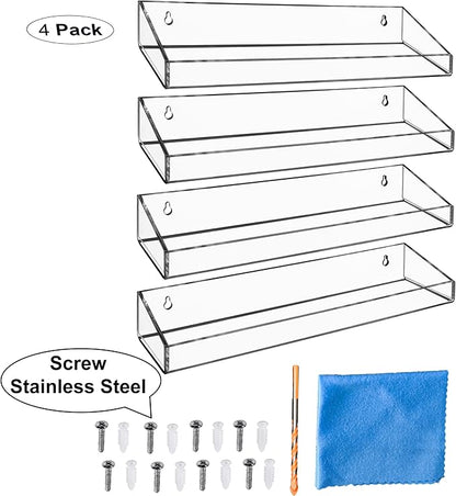 AMT 4 Pack Acrylic Floating Shelves, 15" L x 4" W, Clear Bathroom Wall Shelf, Bookshelves, Invisible Display for Office, Bedroom, Small Gap Allows Water to Escape, Free Screws & Drill Bit