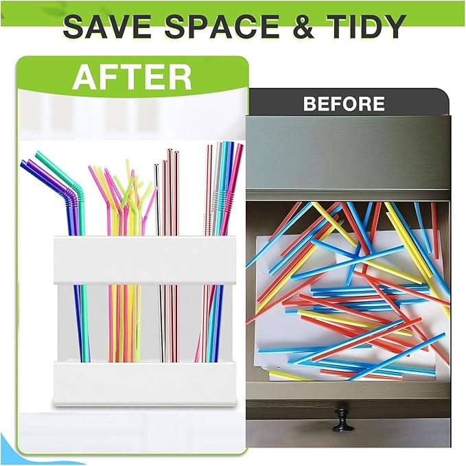 Straw Holder For Cabinet With Double Sided Adhesive Tape Reusable Cabinet,Straw Organizer For Cabinet, Fridge And Kitchen Counter(White)