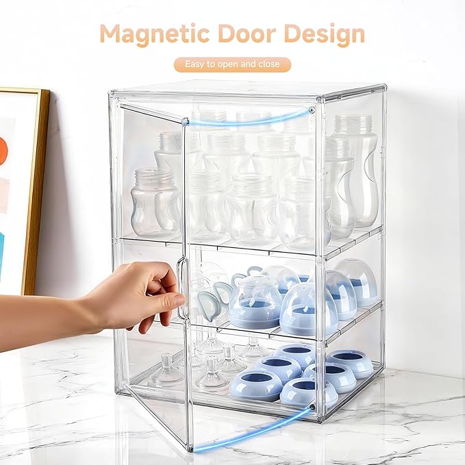 Baby Bottle Organizer, 3 Tiers Adjustable Clear Acrylic Baby Bottle Storage Organizer with 3 Removable Dividers and Magnetic Door, Suitable for Countertop and Kitchen