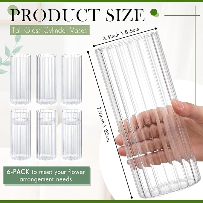 6 Pcs 8 Inch Tall Glass Ribbed Cylinder Vases Clear Floating Candle Flower Vase in Bulk, Hurricane Candle Holder for Wedding Housewarming Gift Table Centerpieces