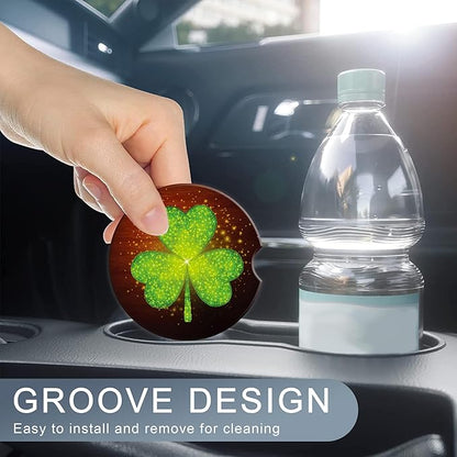 Green Clover Glitter Car Cup Holder Coaster,St. Patrick Day Car Coasters for Cup Holder,2 PCS Absorbent Insert Ceramic Car Assecories with Cork Back & Finger Notch for Women Men