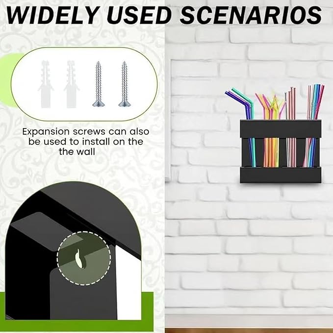 Straw Holder For Cabinet With Double Sided Adhesive Tape Reusable Cabinet,Straw Organizer For Cabinet, Fridge And Kitchen Counter(Black)