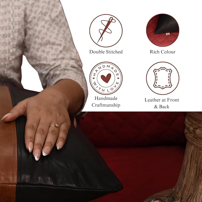 Lambskin Leather Pillow Cover - Sofa Cushion Case - Decorative Throw Covers for Living Room & Bedroom, 22x22 Inches - Black and Tan Crunch Plain Pack of 1