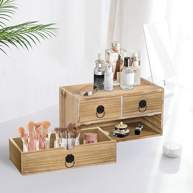 Washed White Wood Desk Organizer, Mini Desktop Organizer with Drawers, Tabletop Storage Organization for Home Office Supplies Vanity, No Assembly Required (3 Drawer)