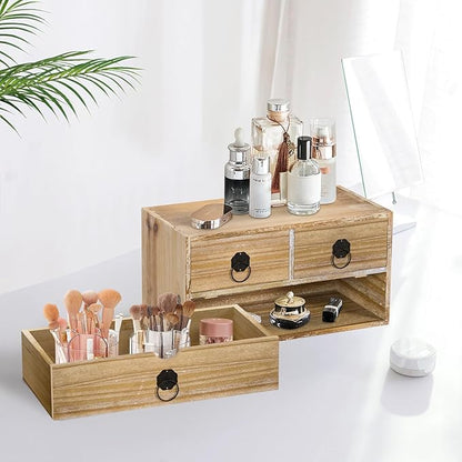 Washed White Wood Desk Organizer, Mini Desktop Organizer with Drawers, Tabletop Storage Organization for Home Office Supplies Vanity, No Assembly Required (3 Drawer)