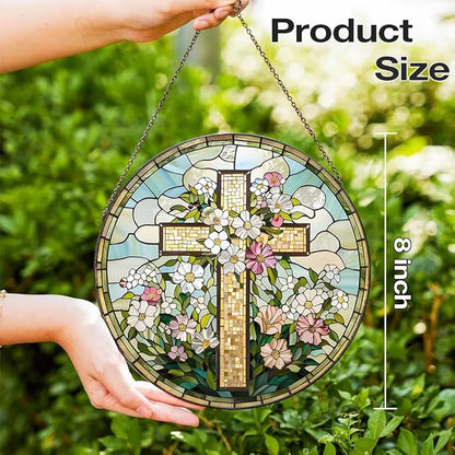 8 Inch Stained Glass Cross Suncatcher for Window Hanging, Christian Stained Glass Windows Hanging Religious Gifts for Women, Sun Catcher for Home Garden Decor, Easter, Faith,Baptism, Memorial (Cross)