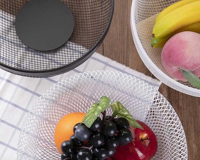 IBWell Metal Wire Woven Fruit Storage Bowl Basket for Kitchen, Large Black Mesh Fruit Stand, for Apple, Pineapple, Banana, Orange, Lemon, Pear, Strawberry, Watermelon (White, Small)