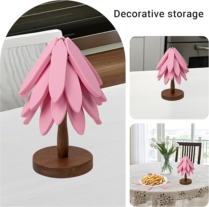 Silicone Trivets Mat Set for Hot Dishes - Tree Trivets with Stand - Hot Pads Pot Holders for Kitchen (Pink)