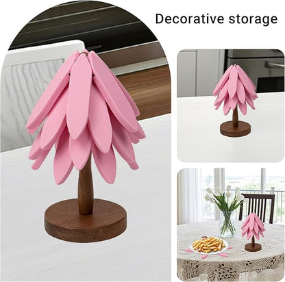 Silicone Trivets Mat Set for Hot Dishes - Tree Trivets with Stand - Hot Pads Pot Holders for Kitchen (Pink)