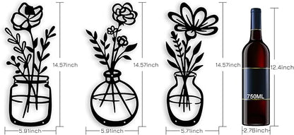 3 Pieces Black Metal Flowers Wall Decor Stocking Stuffers for Teen Girls Christmas Birthday Gifts for Women Wall Art Metal Wall Sculptures Hanging for Indoor Kitchen Bathroom Bedroom living room 14.56x5.9 inches