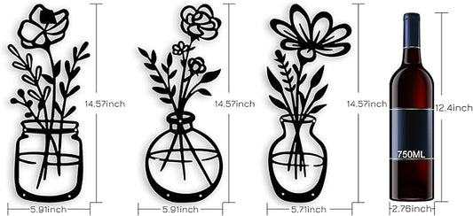 3 Pieces Black Metal Flowers Wall Decor Stocking Stuffers for Teen Girls Christmas Birthday Gifts for Women Wall Art Metal Wall Sculptures Hanging for Indoor Kitchen Bathroom Bedroom living room 14.56x5.9 inches