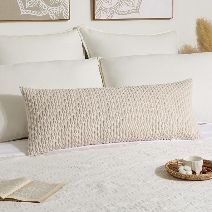 Kevin Textile 14x36 Inch Long Lumbar 1 Pack Boho Decorative Throw Pillow Cover Soft Striped Corduroy Rectangle Cushion Case Farmhouse Solid Color Accent for Living Room Couch Sofa Bed, Cream White