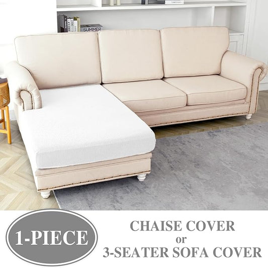 Couch Cushion Cover Chaise Lounge Cover Washable Separate Seat Chaise Couch Cover Stretch Sectional Sofa Slipcover(1 Piece for Chaise or Sofa 3-Seater, White)