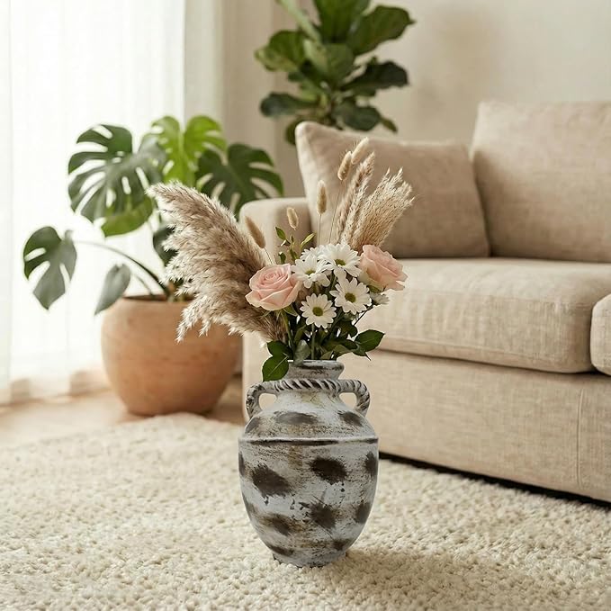 Rustic Farmhouse Vase 11 inch, Handmade Ceramic Pottery, Large Decorative Centerpiece for Living Room Dining Table Home Decor
