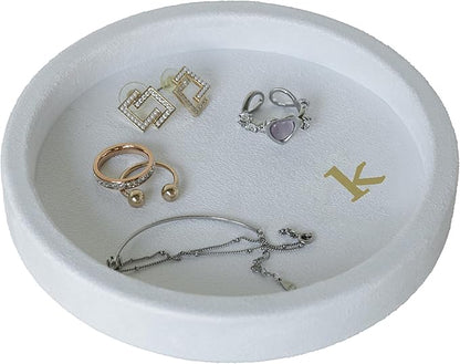 COLLECTIVE HOME - Velvet Jewelry Tray, 6" Monogrammed Jewelry Dish, Smooth Velour Display Dish for Rings, Earrings, Necklaces, Makeup, Personalized Gifts for Women (White-k)