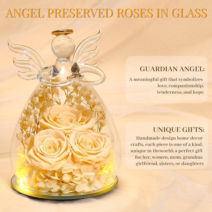 Beferr Valentines Day Rose Gifts for Her Women Mom Gifts for Birthday, Fresh Flowers for Delivery Prime Forever Preserved Rose in Glass Angel Figurine, for Grandma Wife Kids Daughter