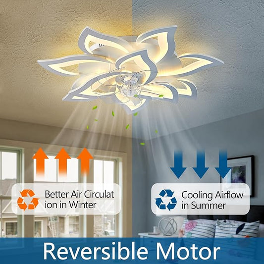 32" White Ceiling Fan with Light Remote Control, Modern Geometric Ceiling Fan with Lights, 6 Speeds 3 Light Color Low Profile Ceiling Fan for Kitchen Bedroom