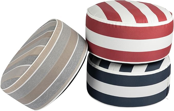 Inflatable Outdoor Ottoman with Air Pump,20"x9" Portable Patio Pouf,Water Resistant,Fade-Resistant,Round Blow Up Footrest Stools for Home Garden Camping Travel(Gray Stripe)