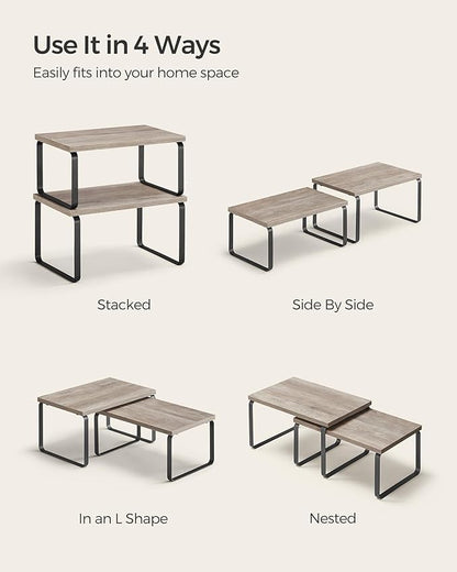 SONGMICS Cabinet Organizer Shelf, Set of 4 Kitchen Counter Shelves, Kitchen Storage, Spice Rack, Stackable, Expandable, Metal and Engineered Wood, Ink Black and Heather Greige UKCS021X02